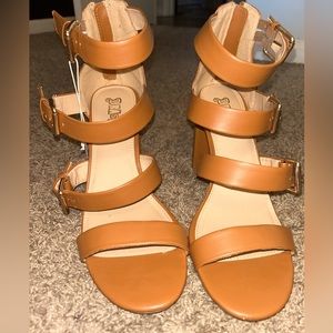 Strappy brown cognac buckled heels. NWT brand new with tags.